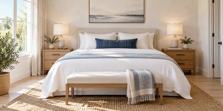 Neatly made bedroom with white linen and pale oak furniture