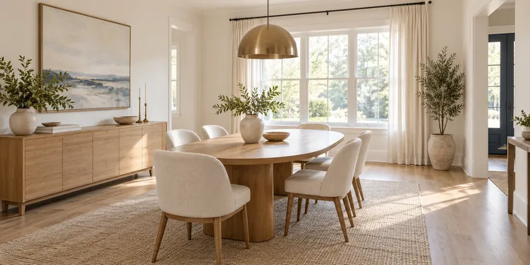 Clean dining room with an oak table and light upholstered chairs