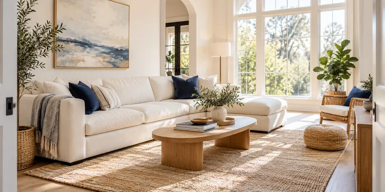 Bright living room with an ivory sofa and navy cushions