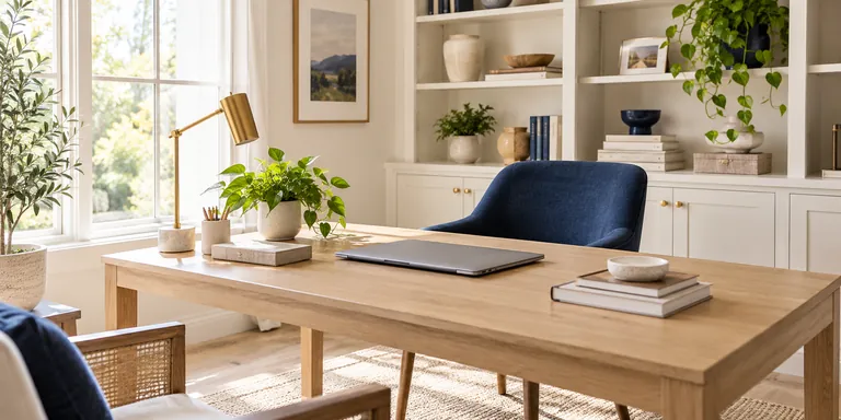 Tidy home office with a pale oak desk and organized shelving