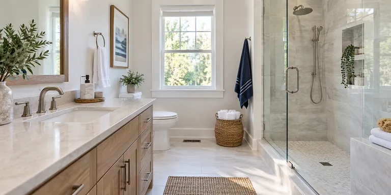 Bright bathroom with clean stone vanity and a glass shower
