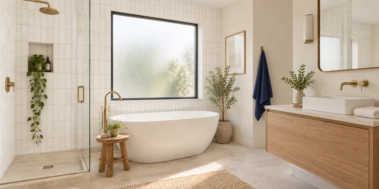 Bright white bathroom with a freestanding bathtub and navy towel