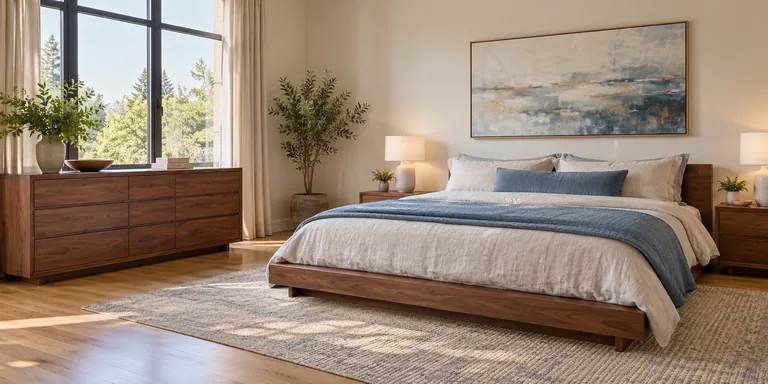 Clean bedroom with a walnut bed frame and pale linen bedding
