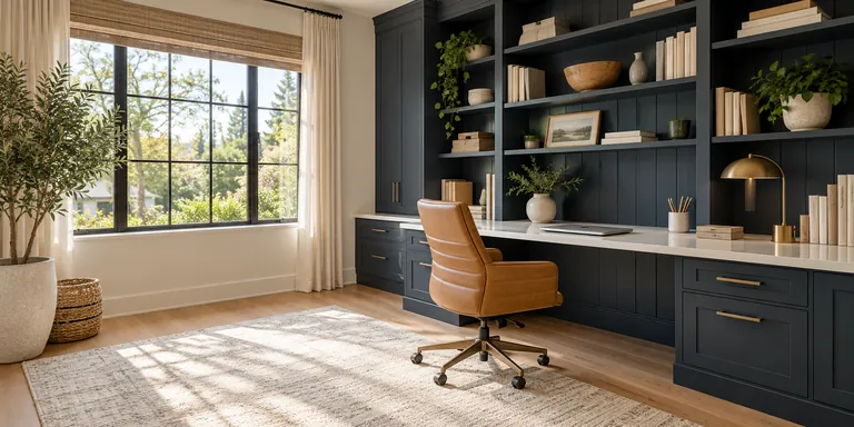 Organized home office with a white desk and navy shelving