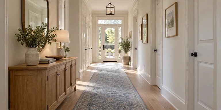 Clean hallway with white doors and an oak console