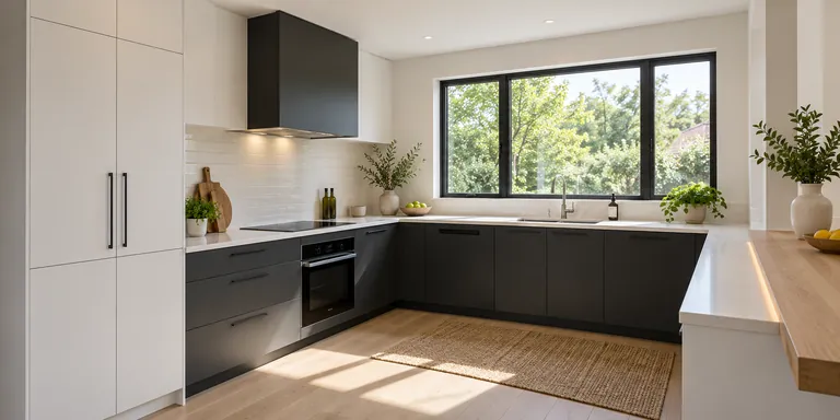 Clean contemporary kitchen with dark cabinets and a bright white counter