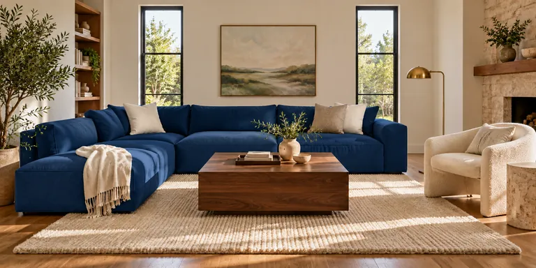 Fresh living room with a navy sofa and walnut coffee table