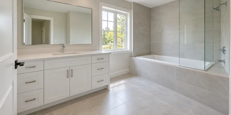 Freshly cleaned bathroom with a white vanity and tiled shower