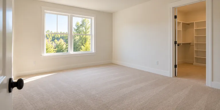 Empty clean bedroom with large windows and an open walk-in closet