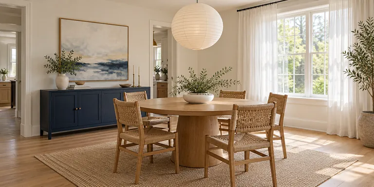 Welcoming dining room with a round oak table and woven chairs