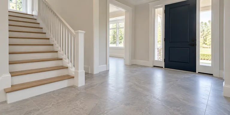 Freshly cleaned empty entrance with a front door and a short staircase