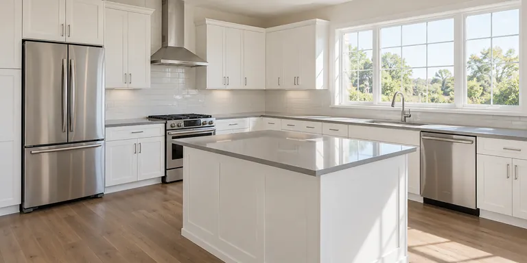 Clean empty kitchen with white cabinetry and a clear central island