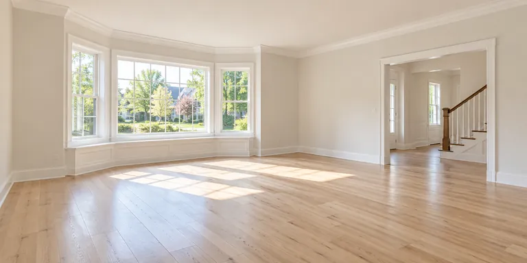 Freshly cleaned empty living room with a broad bay window