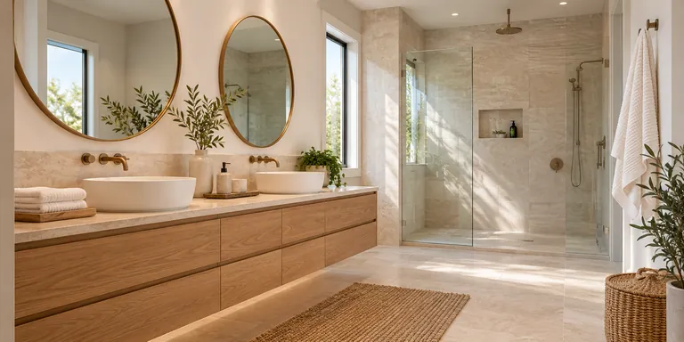Clean bathroom with a floating double vanity and a glass shower