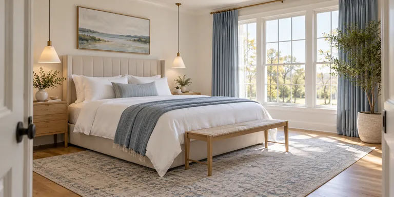 Fresh bedroom with layered white bedding and soft blue curtains