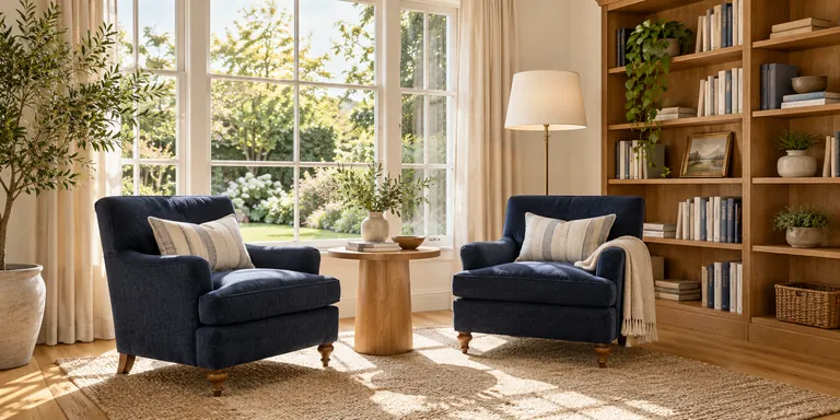 Bright reading room with two armchairs and a tall bookcase