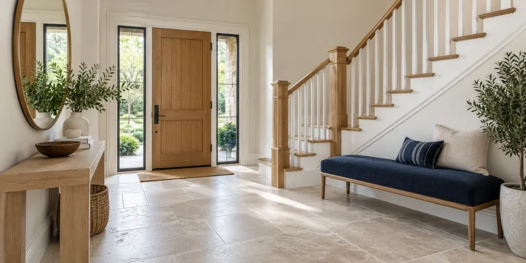 Clean entryway with an oak staircase and an upholstered bench