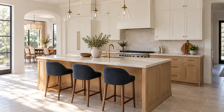 Spotless bright kitchen with a pale stone island and oak cabinetry