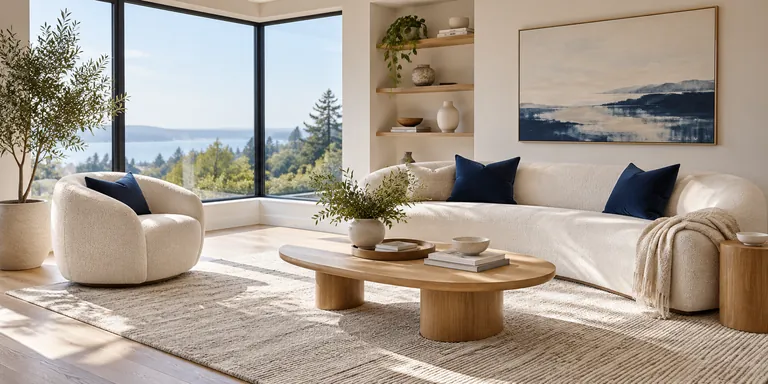 Clean sunlit living room with a curved cream sofa and oak coffee table